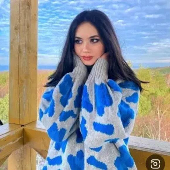 Chunky Oversized Blue Animal Print Sweater - Picture 3 of 9